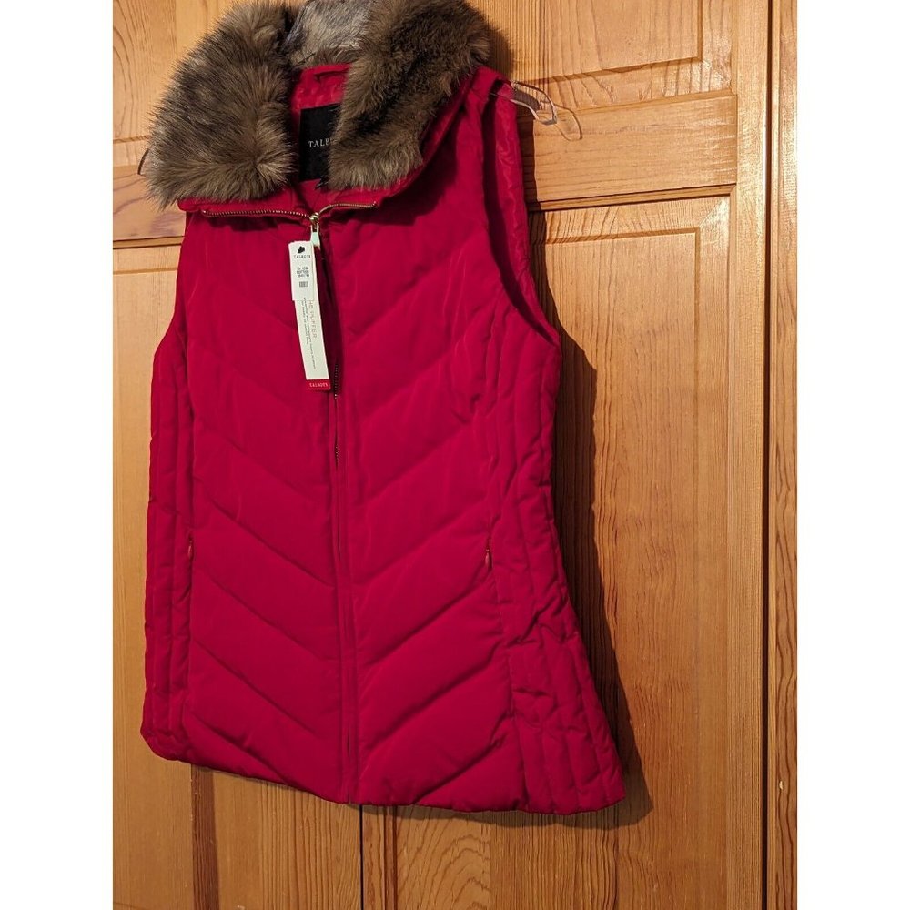 NWT Talbots Faux Fur Collar Red Down Puffer Vest Sz Small - Picture 8 of 10